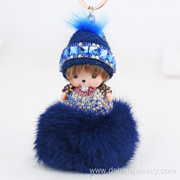 Diamond Monchichi Rabbit Fur Pom Pom Keychain For Key Bag